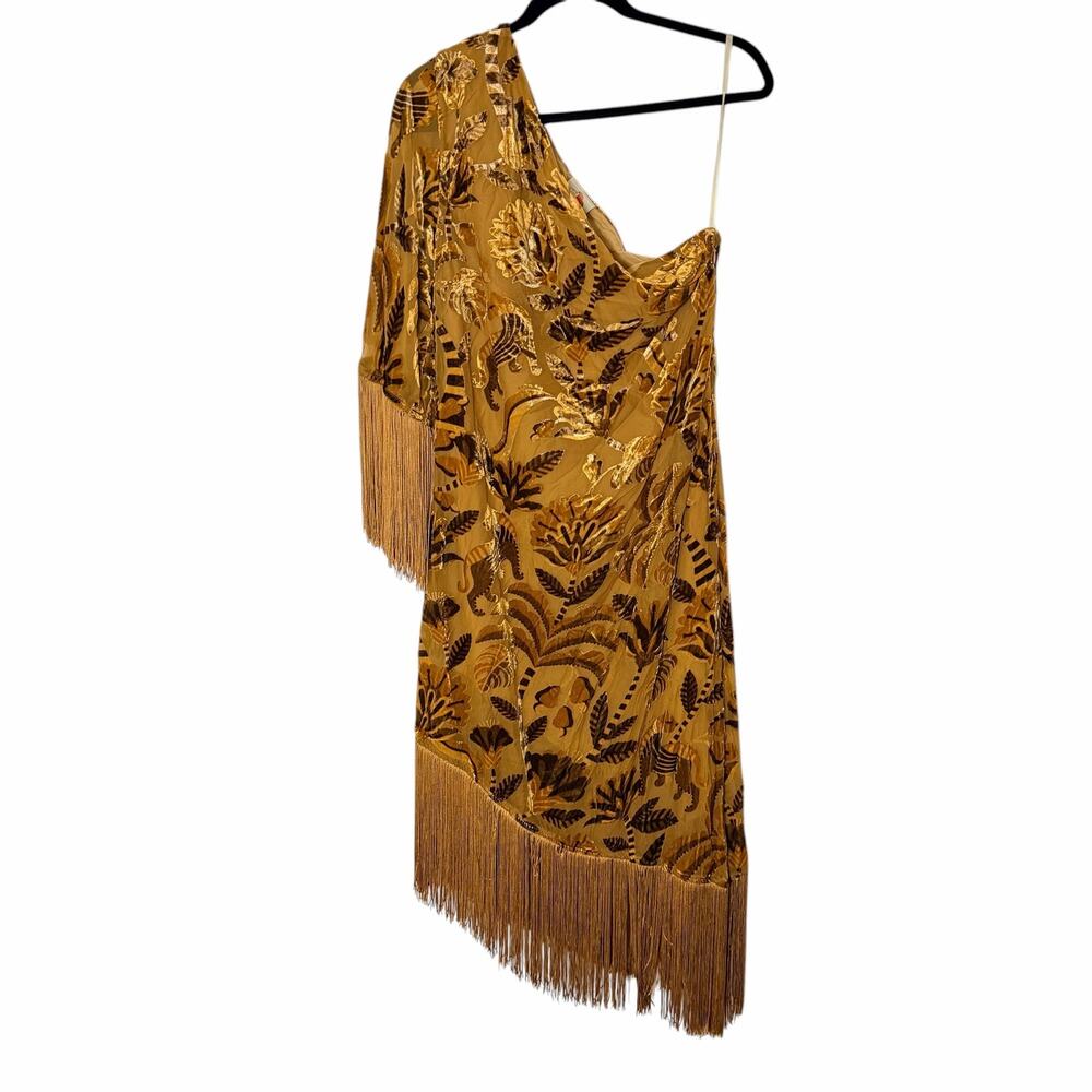 Farm Rio One-Shoulder Golden Velvet Fringe Dress - Picture 3 of 7